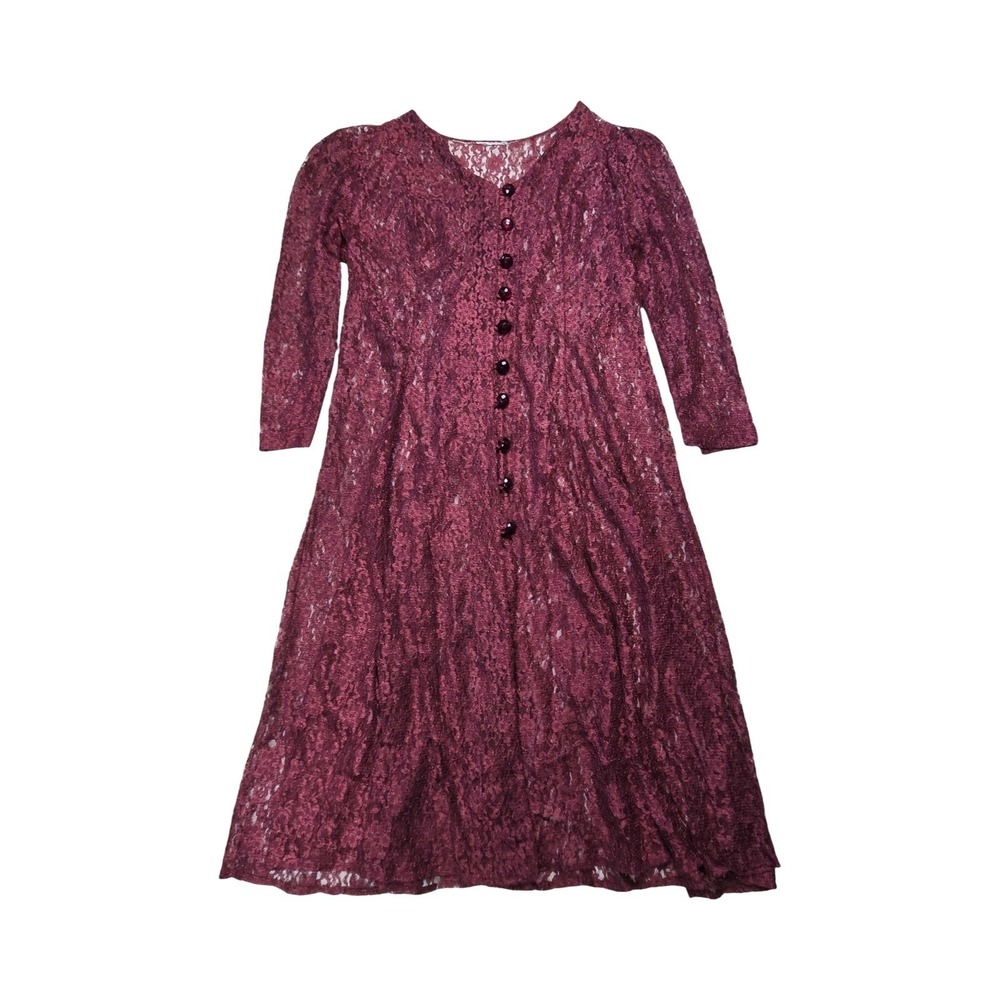 Vintage 80s, 90s Burgundy Floral Lace Midi Dress Corset Back Wine Red Whimsigoth